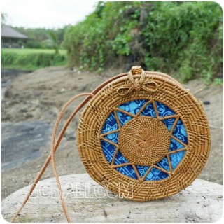 blue fabric rattan round circles sling bags motif handwoven